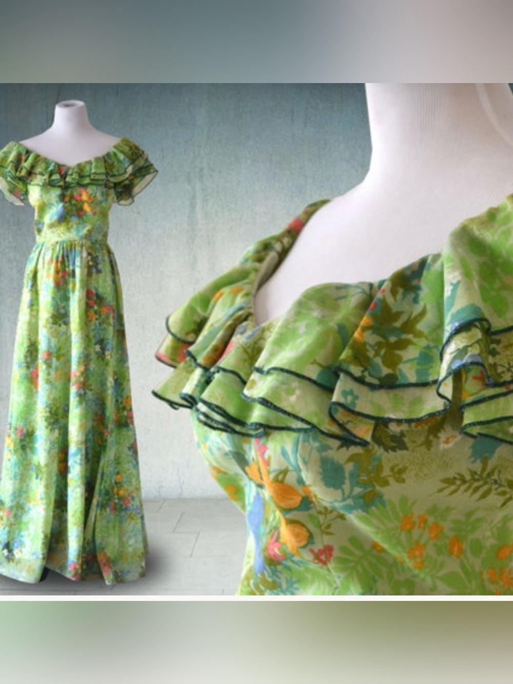 70s vintage ✨ Victor Costa Light Green Floral Ruffle Maxi Dress M ✨🌸✨